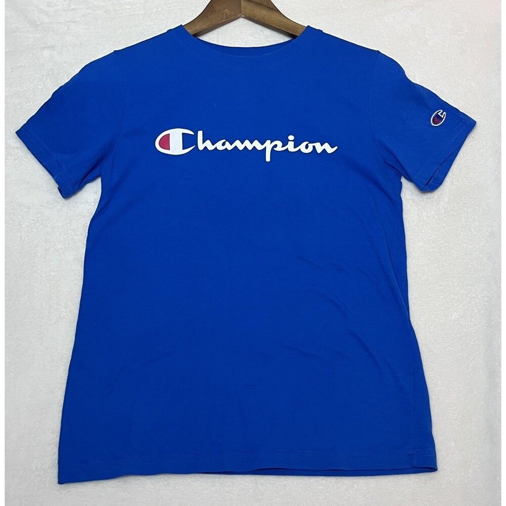 Champion Youth Large Blue Script Logo Graphic T Shirt Kids Boys Girls Streetwear